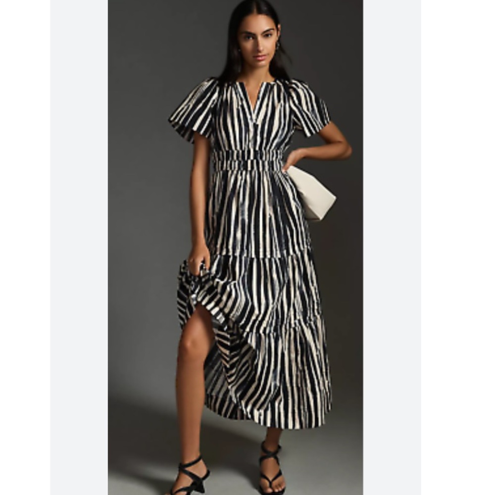Anthropologie Navy and White Vertical-Stripe Maxi Dress